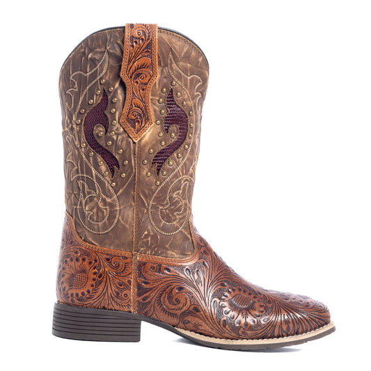 Myra Gianna Hand-Tooled Leather Boots for Women Studded Mid-Calf Western Brunch Heels with Embroidered Floral Designs